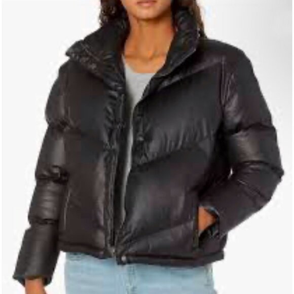 BB DAKOTA STEVE MADDEN Solid Black Faux-Leather Women’s Puffer Coat Size Small - Picture 1 of 9